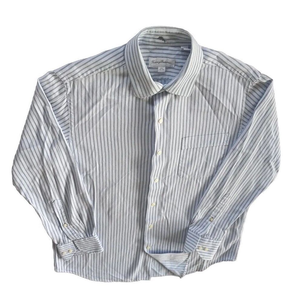 Tommy Bahama Men 15.5/32-33 LongSleeve Buttons Shirt Stripe Blue Cotton Vintage